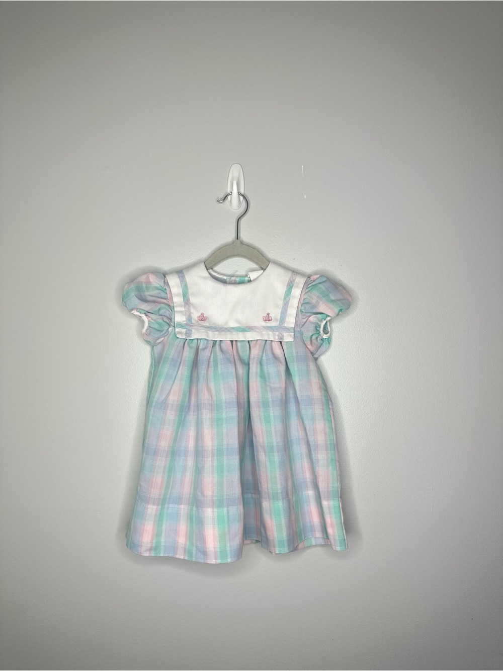 Pastel Plaid Puff-Sleeve Kids Dress - White Yoke